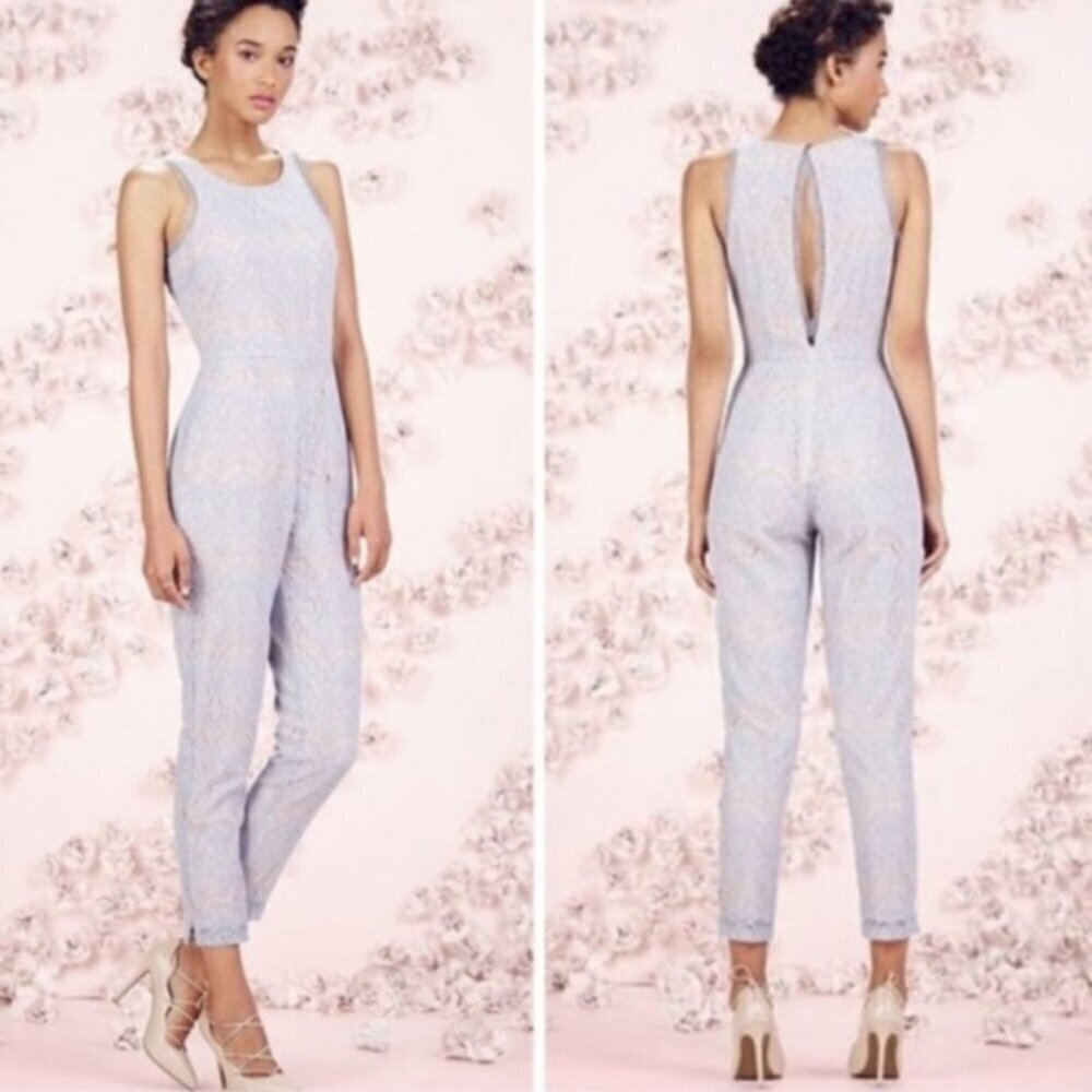 LC Lauren Conrad Womens Runway Lace Open Back Jumpsuit in Ice Blue Size 6
